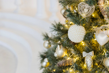 Blurred texture with christmas balls on the Christmas tree