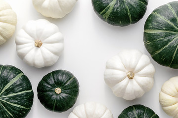 White and green pumpkins on a white background, creative flat lay thanksgiving concept, top view with copy space