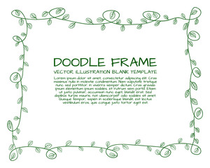 Vector Doodle Floral Frame Template, Green Drawing, Drawn Background.