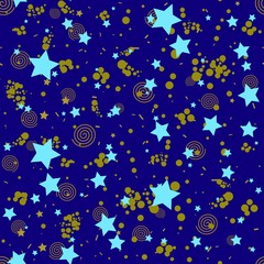 Geometric seamless pattern in abstract memphis style, gold circles, stars, spirals.