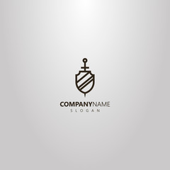 black and white simple vector line art logo of medieval sword behind shield