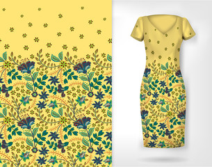 Vertical seamless fashion background. Women's long dress mock up with bright seamless hand drawn pattern for textile, paper print. Isolated light yellow dress with floral pattern. vector