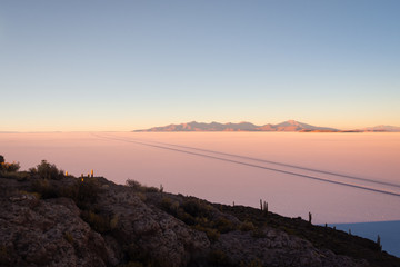 View on sunrise over island incahuasi by salt lake Uyuni in Bolivia