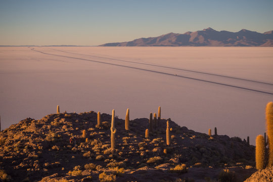 View on sunrise over island incahuasi by salt lake Uyuni in Bolivia