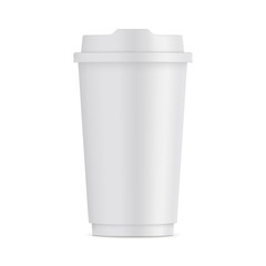 Tall paper coffee cup with lid isolated on white background - front view. Takeaway coffe package mockup. Vector illustration