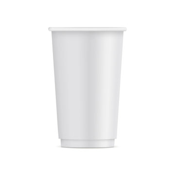 Tall paper disposable cup mock up isolated on white background - front view. Vector illustration