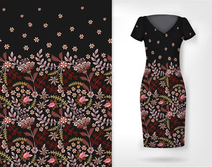 Cute pattern in small simple flowers. Seamless background and seamless border on different file layers. An example of the pattern of the dress mock up. Vector illustration. Black