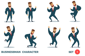 Businessman haracter design - set 1. Fun bearded business men in different situations. Vector illustration