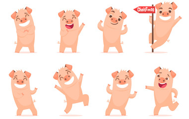 Vector little cartoon pigs characters posing in different situations. Set 3
