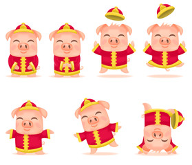 Vector little cartoon pigs characters posing in different situations.