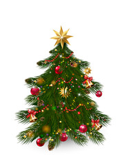 Christmas tree with xmas decorations - ornaments, stars, garlands, snowflakes, lamps.
