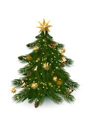 Christmas tree with xmas decorations - ornaments, stars, garlands, snowflakes, lamps.