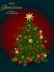 Naklejka na ściany i meble Christmas tree with xmas decorations - ornaments, stars, garlands, snowflakes, lamps.