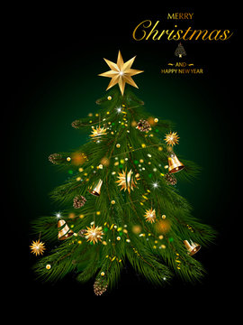 Christmas tree with xmas decorations - ornaments, stars, garlands, snowflakes, lamps.