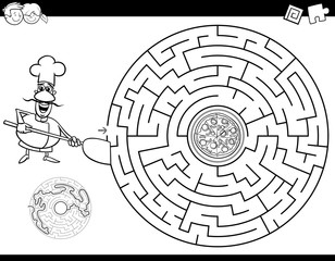 maze color book with chef and pizza