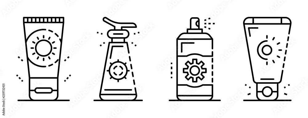 Poster sunscreen icon set. outline set of sunscreen vector icons for web design isolated on white backgroun
