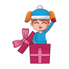 Girl with winter clothes inside gift box