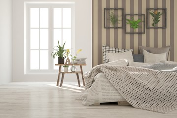 Idea of white minimalist bedroom. Scandinavian interior design. 3D illustration