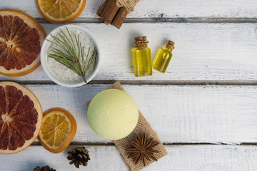 sea salt for bath, bath bomb and body oil with cinnamon, orange and spices