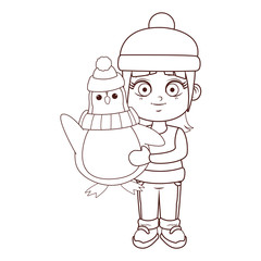 Girl with winter clothes holding penguin cartoon