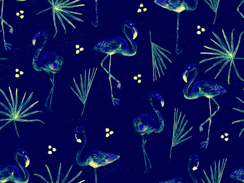 Large Flamingo Blue Hawaiian Seamless Pattern.