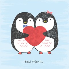 Vector illustration of handd drawn sketch loving penguins with scratched heart in their hands isolated on a blue grunge background. Boy and girl winter north pole birds. Best friends