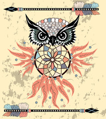 Hand drawn dreamcatcher with an owl, feathers and all seeing eyes. Indian talisman in boho style. American ethnic symbol. Shamanism, religion, occultism.