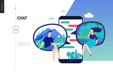 Business series, color 3 - chat - modern flat vector illustration concept of people chating in messenger and the chat app on the phone screen. Creative landing page or company support design template