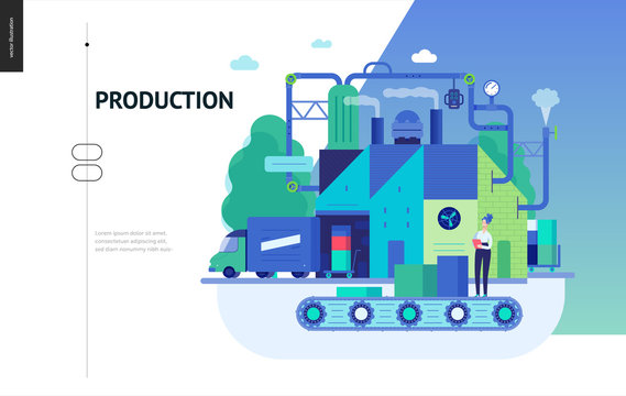 Business series, color 3 - factory production -modern flat vector illustration concept of industrial enterprise. Manufacturing and production interaction process. Creative landing page design template