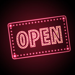 Neon sign open. Vintage electric signboard