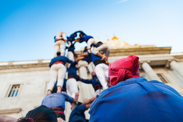 traditional catalan human towers known as castells are built by children castellers in front of...