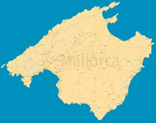 Mallorca political map. High detail color vector island. All elements are separated in editable layers: cities & towns names, roads, railways, rivers, lakes, highway numbers. High resolution atlas.