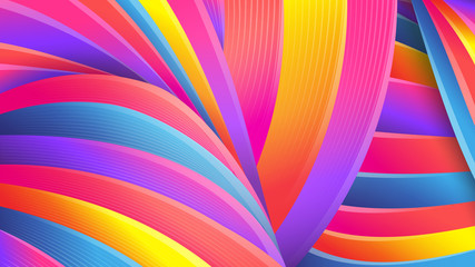 Bright abstract geometric background. Vector. Colorful colors of the rainbow. Distorted intersecting wavy lines. 3D effect, glow and shadow. Soft gradients and pastel colors. Dynamic holiday ribbons.