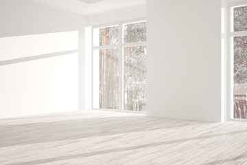 White empty room with winter landscape in window. Scandinavian interior design. 3D illustration