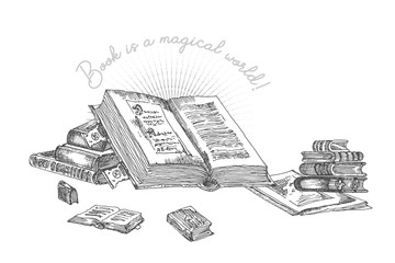 Obraz premium Banner with hand drawing sketch books isolated on white and text Book is a magical world. Concept vintage design for fair or festival flyer, bookshop advertising in engraving style