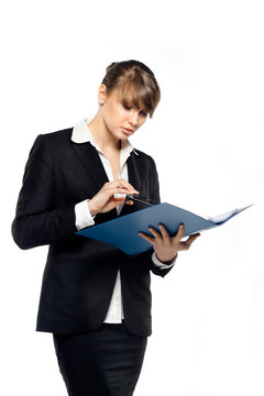 business woman with glasses holding folder and reading document, isolated on white background