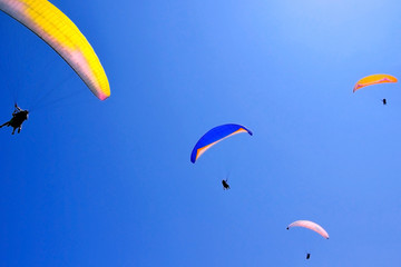 paroplane group flying against the blue sky..Above the Mediterranean Sea, Israel..Extreme sports, enjoy life, appreciate the time,.tandem paragliding, controlled pilot
