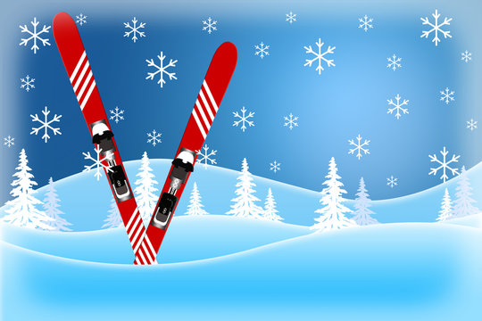 Blue winter scene of red skis standing in snow covered hills