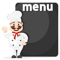 The chef is standing by the black Board for the menu.