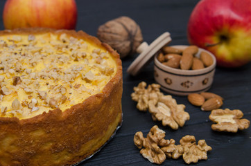 Homemade apple pie. Autumn composition with apples and pie. Autumn dessert.