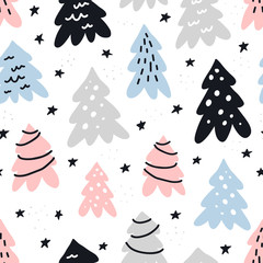 Christmas trees hand drawn seamless vector pattern