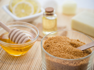 skin care natural products ingredients for scrub body mask: honey, lemon juice, brown sugar,...