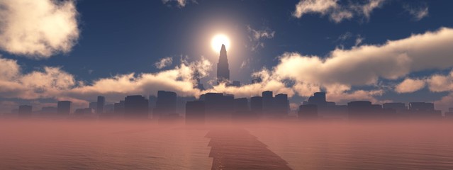 Modern city at sunrise in the fog over the water, skyscrapers at sunset over the water,
3d rendering
