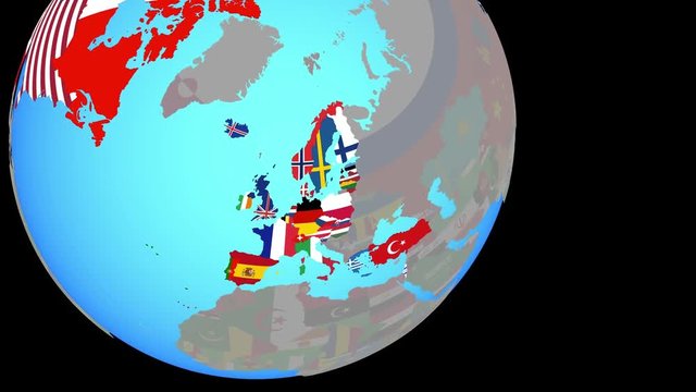 Zoom to OECD European members with embedded national flags on blue political globe. 3D illustration.