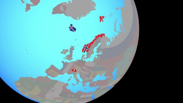Zoom to EFTA countries with embedded national flags on blue political globe. 3D illustration.