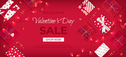 Obraz na płótnie Canvas Special offer Valentine's Day Sale. Discount flyer, big seasonal sale. Horizontal Web Banner with many holiday gift Boxes in red and white wrapping paper with hearts. Lollipops, garlands. Vector