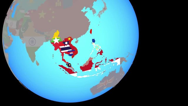 Zoom to ASEAN memeber states with embedded national flags on blue political globe. 3D illustration.