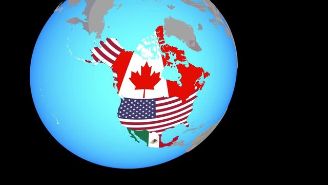 Zoom to NAFTA memeber states with embedded national flags on blue political globe. 3D illustration.