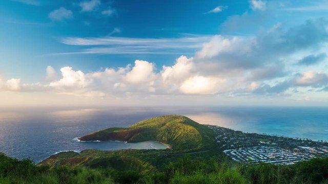 Timelapse of Koko Head area and Hanauma Bay of Oahu island during sunrise. Hawaii, USA. Clip version with more sky in the frame.