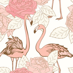 Beautiful pink rose flowers pink flamingo birds seamless pattern. Love couple. Blooming floral elements with leaves. White background. Fashion wallpaper backdrop. Vector design illustration.